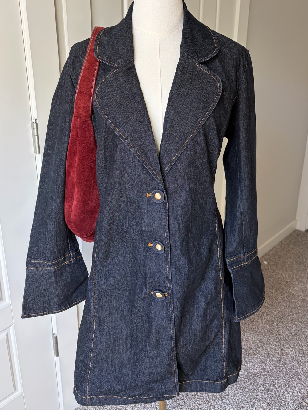 Vintage Dark Denim Trench Coat - Dark Indigo Denim Coat - Button-Front Jacket